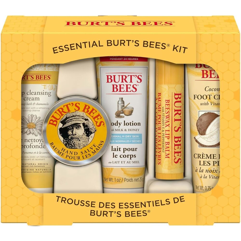 Burt’s Bees Essential Kit 5 Travel Size Gift Set Lotion Lip Balm Hand Foot Cream